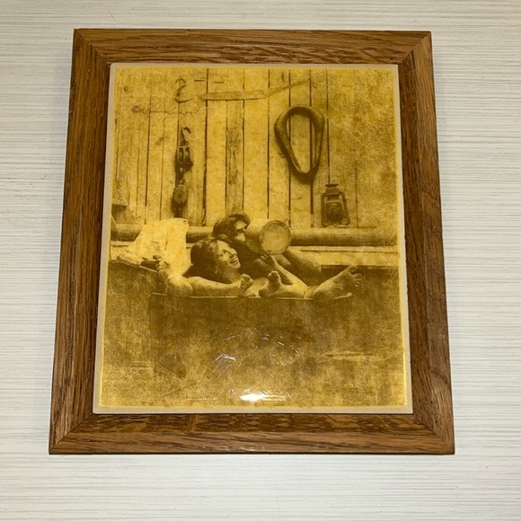 Signed 1960s Rolland Hendrickson Couple in Wood Barrel Tub Framed Sepia tile - Picture 7 of 7